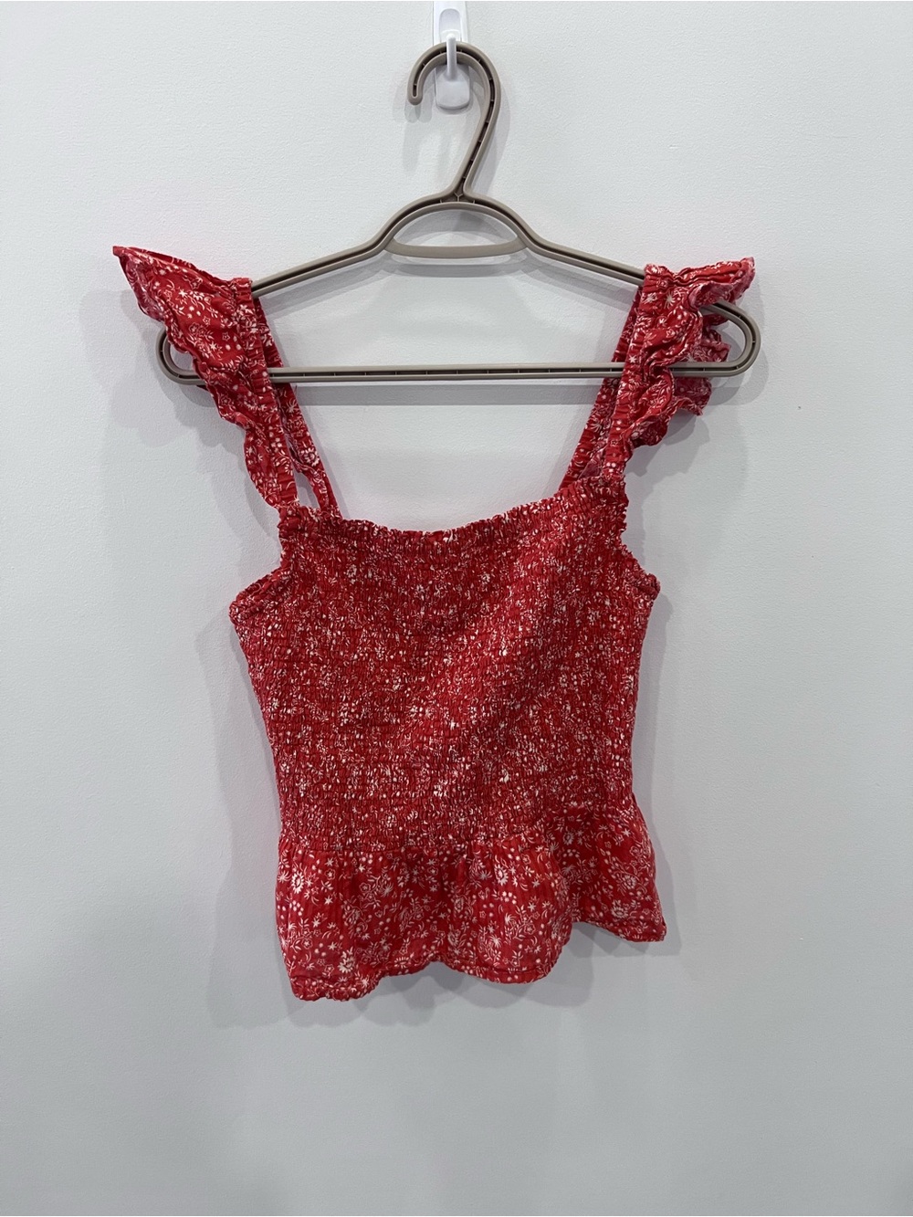 Madewell Red Floral Smocked Ruffle Tank Top Women's Size 8 100% Cotton Boho